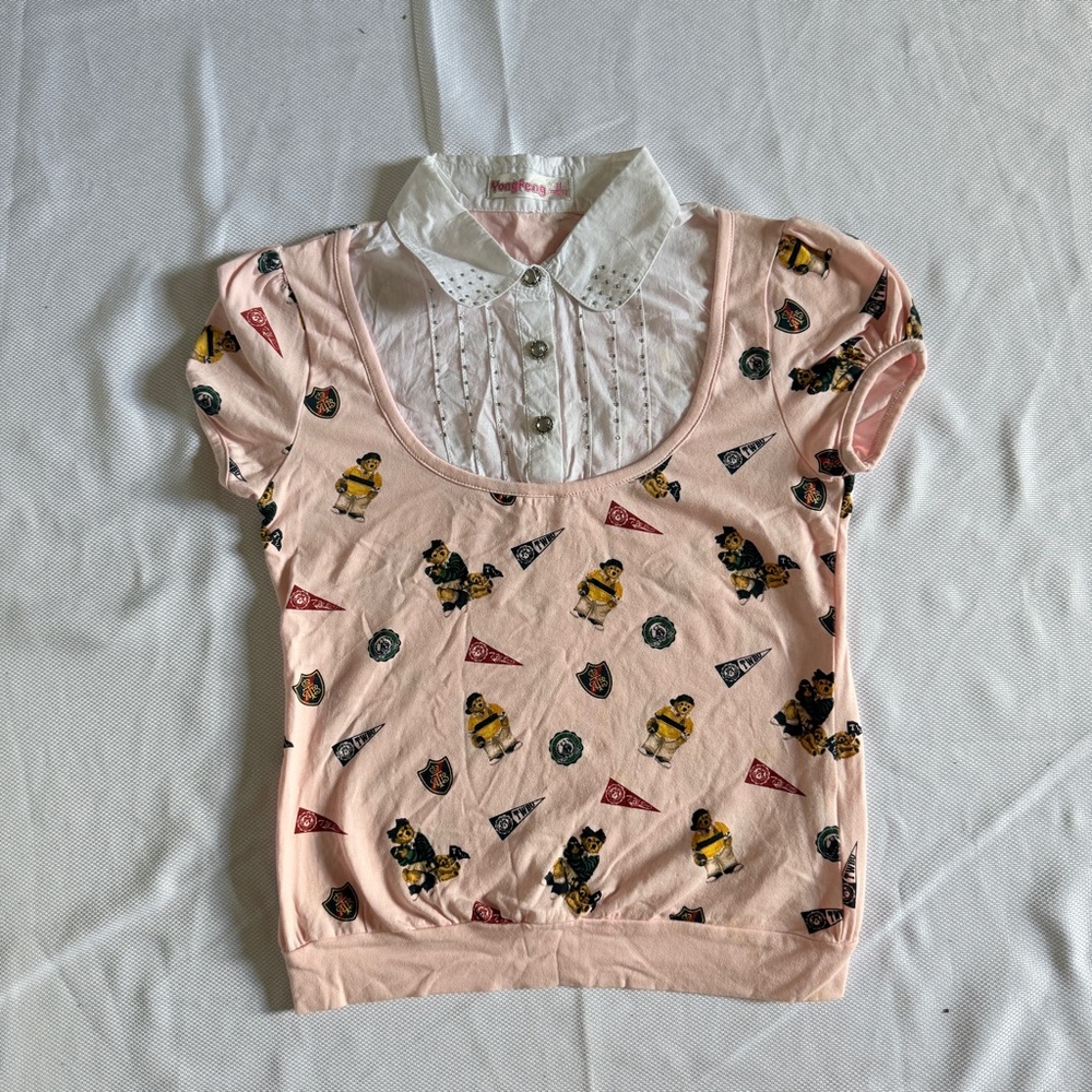 Cute Collared Pink Graphic Tee – Size 11 YongFeng Layered Look Shirt